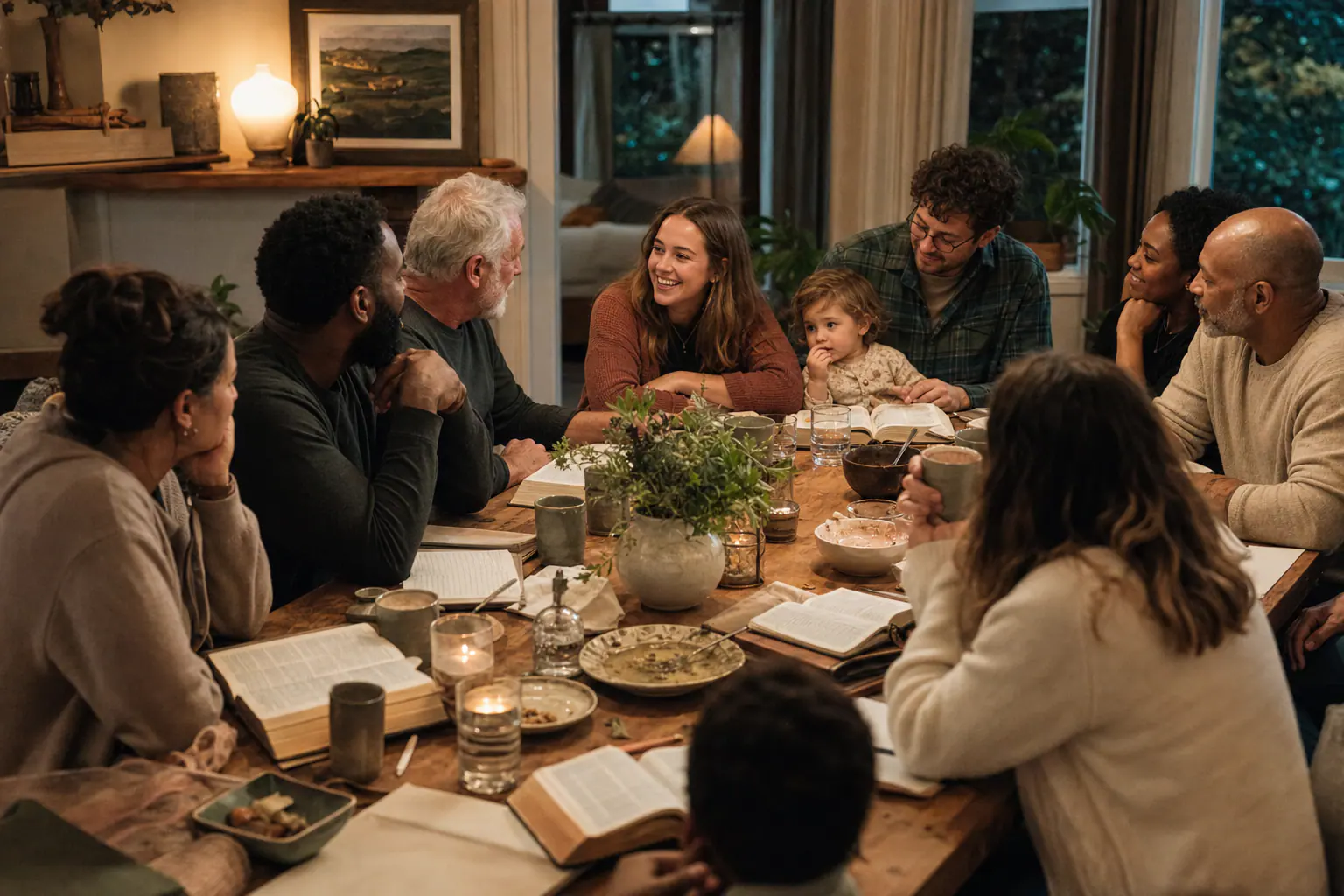 A multigenerational Kingdom Community gathered around a table