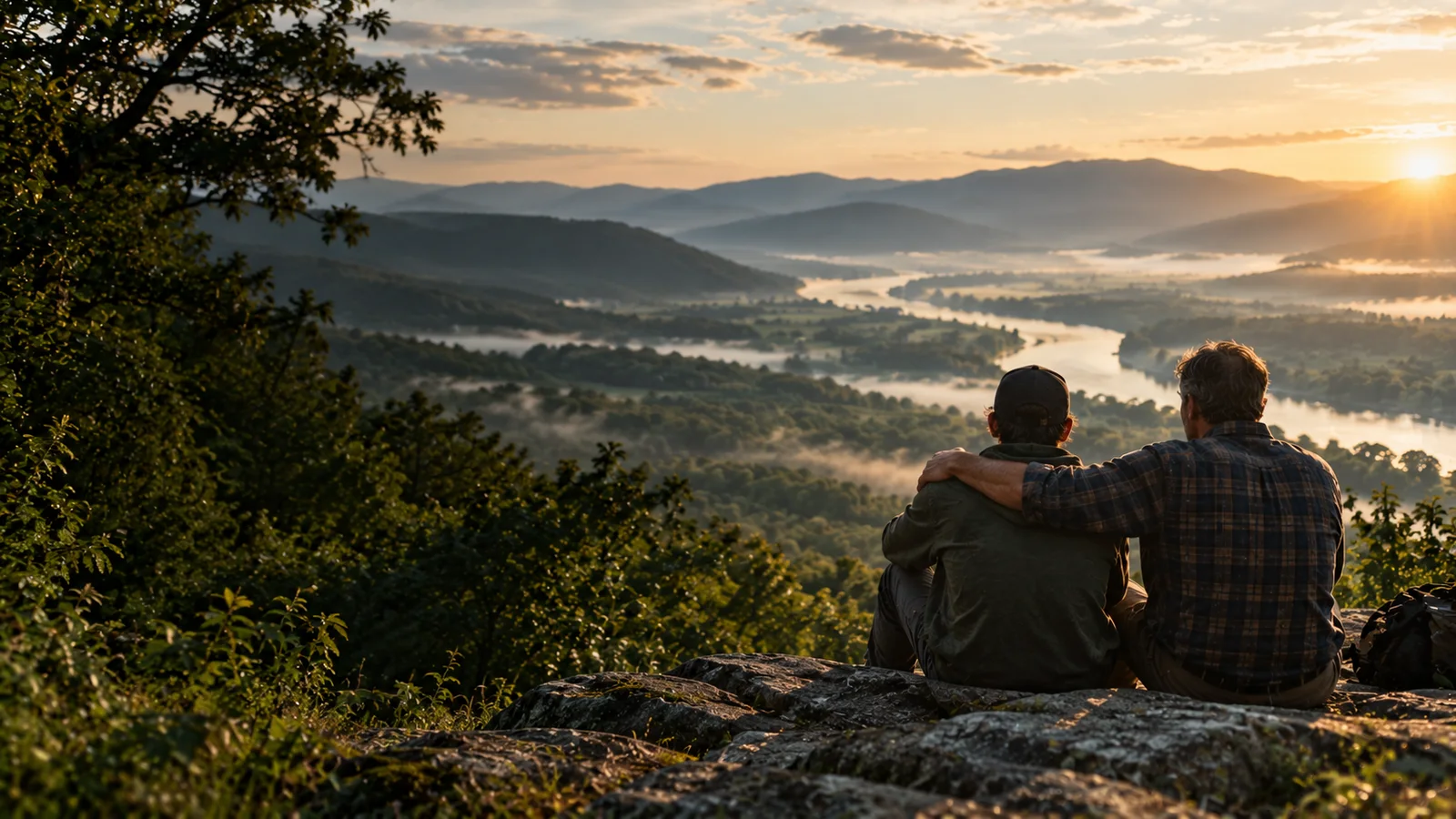 Two people seated together in support, looking across a sunlit Appalachian valley