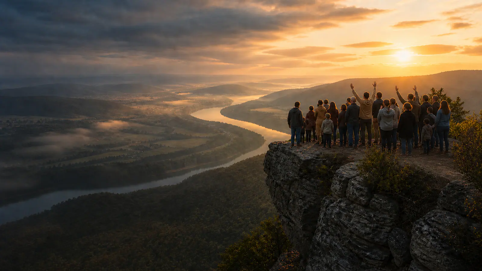 Kingdom Pursuit community overlooking the Tennessee River valley at sunrise