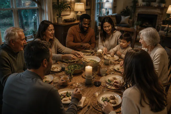 A multigenerational community sharing a meal